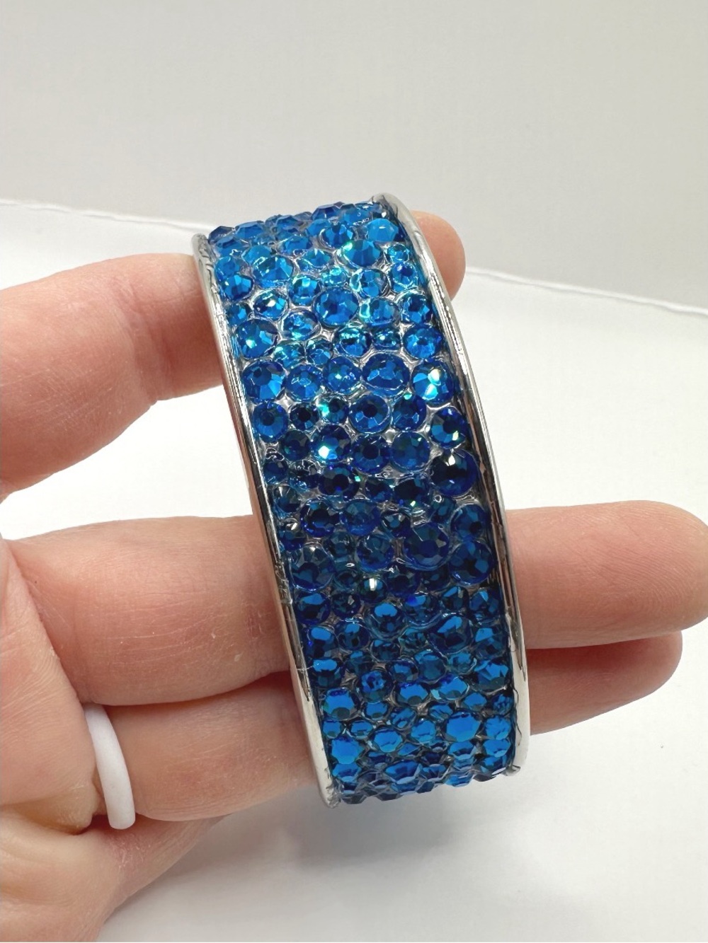 Handmade bangle bracelet with hand placed high quality Dark Blue crystals